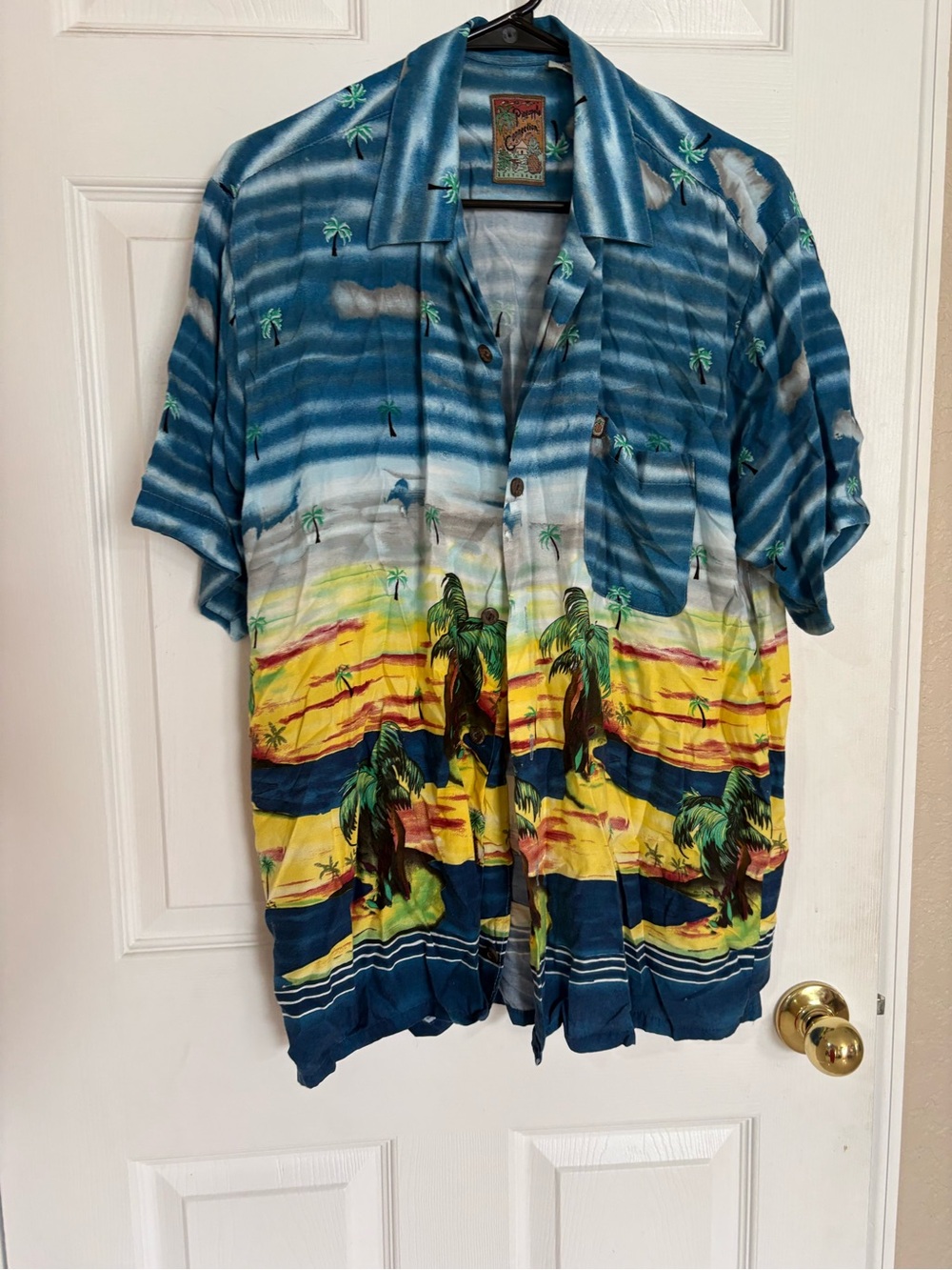 Pineapple Connections Hawaiian Shirt Medium Blue Tropical Palm Trees Rayon